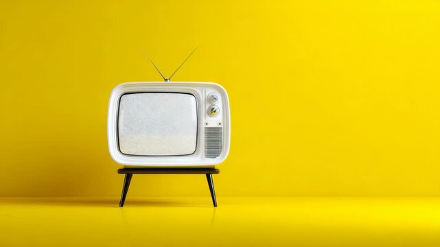 Vintage-style TV with antenna showing static screen, realistic photo on solid yellow background, concept of nostalgia and retro media