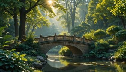 Stone bridge over a calm river surrounded by lush green trees in a serene and peaceful landscape
