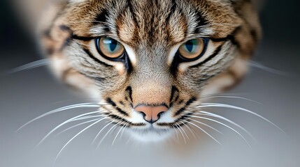 Close up portrait of wild cat with intense blue eyes and striped fur pattern against dark background, focused on facial features and whiskers showing predatory expression.