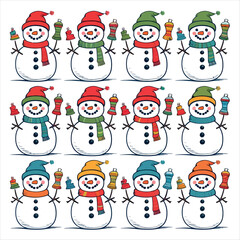 Vector art of cheerful snowmen in colorful hats and scarves
