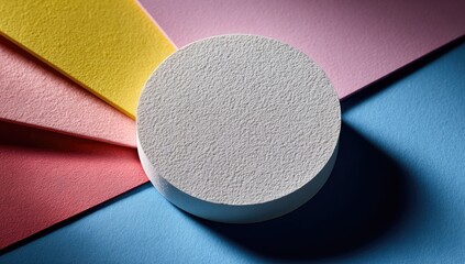 A vibrant, colorful,  geometric composition features a  white disc on a  multi-colored backdrop