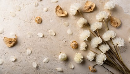 Fototapeta premium delicate dried white flowers arranged on a light beige stone surface
