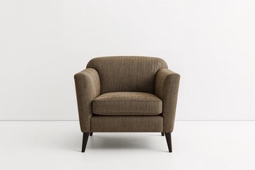 Dark olive textile armchair with a brownish-grey hue. Contemporary designer seat on a white backdrop.