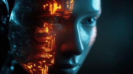 Woman's face with a computer chip on it. Android.