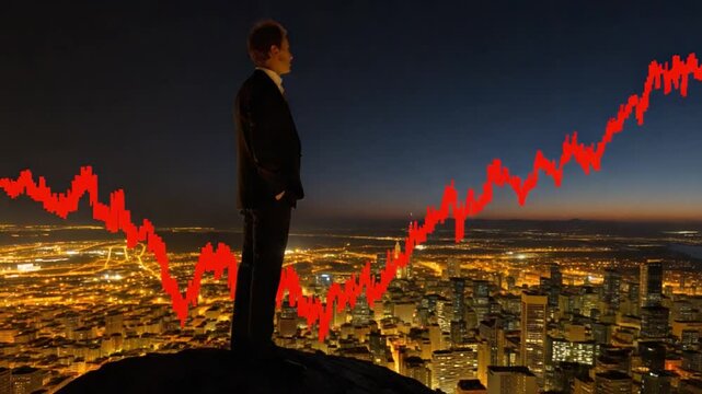 Visionary Outlook: A focused businessman surveys the city skyline, a vibrant red graph superimposed before him, depicting fluctuating market trends, offering insight into economic projections.