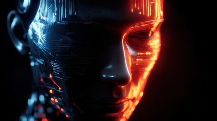 Face robot with a black background and red and blue lights