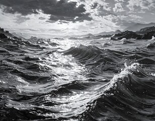 Powerful waves crash against a shoreline, showcasing the dynamic energy of the ocean in a striking monochrome image.