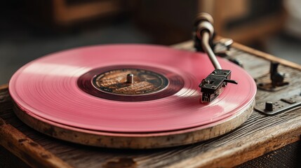 Vintage pink vinyl record on weathered wooden turntable, retro 70s music poster in soft blur, warm golden light, music streaming banners, festival ads

