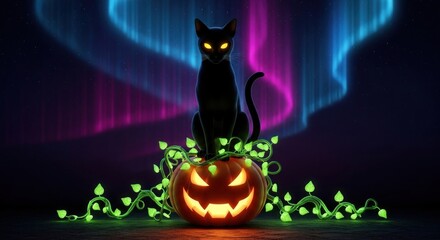 Black cat sitting on a halloween pumpkin with aurora borealis background