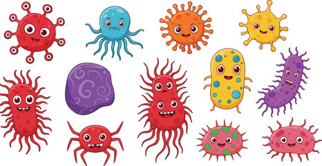 Colorful cartoon bacteria and virus characters collection for medical, educational, science projects, and kids health posters and learning materials