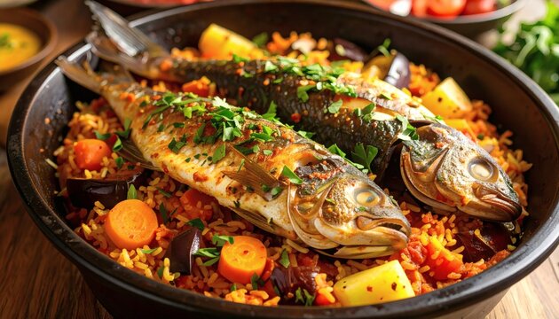 Senegalese thieboudienne fish stuffed with herbs, cooked with tomato rice, carrots, cassava, and eggplant, styled in a large communal dish