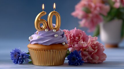 Vibrant 60th Birthday Cupcake with Candles and Colorful Flowers in Soft Focus Background