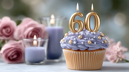 Elegant 60th Birthday Cupcake with Purple Frosting and Decorative Candles