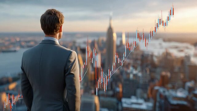 Visionary's Outlook: A determined individual, poised in a power suit, gazes over the vibrant city skyline, the rising market trend superimposed, representing the potential of progress. 