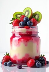 Delicious berry parfait in a jar topped with fresh fruit and a sweet red swirl