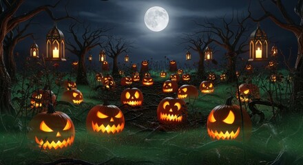 Spooky halloween night with glowing pumpkins under a bright full moon