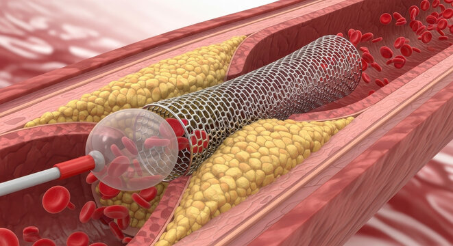 Angioplasty Procedure To Open Blocked Artery Using Balloon Catheter And Stent Medical Illustration