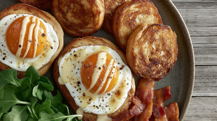 Fototapeta premium Delicious breakfast with eggs, bacon, toast, and fresh arugula on a rustic plate for brunch.