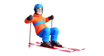 cartoon skier relaxed pose, winter sports fun, 3d model for games, isolated on transparent background