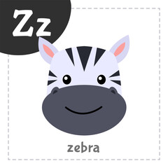 Cartoon English alphabet for children with cute animals. Letter Z with zebra.