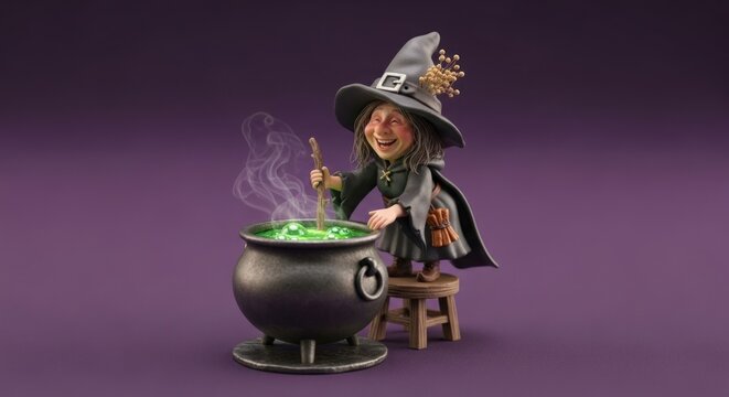 Happy witch stirring a bubbling green potion in a cauldron on halloween