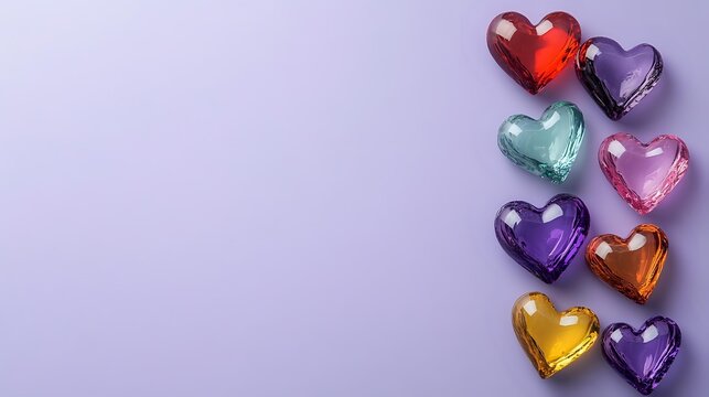 Colorful glass heart shapes arranged diagonally on soft purple background with copy space. Romantic composition for valentines day cards and love messages.