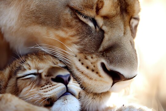 Tender moment between lioness and cub showing close-up of their faces while resting together, displaying natural bonding behavior in soft warm lighting.