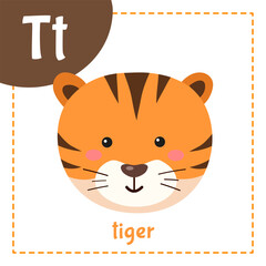 Cartoon English alphabet for children with cute animals. Letter T with tiger.