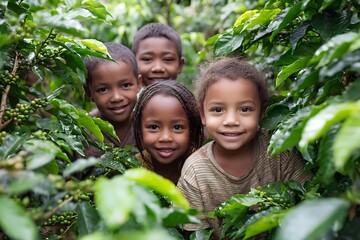 Cheerful African American children smiling through green foliage in garden setting, expressing joy and natural curiosity during outdoor play and exploration.