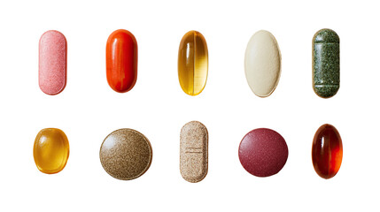 Assorted pills and capsules, various colors and shapes, isolated on black background