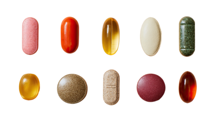 Assorted pills and capsules, various colors and shapes, isolated on black background