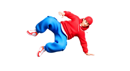 3d cartoon bboy breakdancing energetic spin, dynamic pose, urban dance style, animation ready, isolated on transparent background