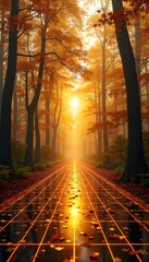 Autumn Forest with Glowing Path at Sunset

