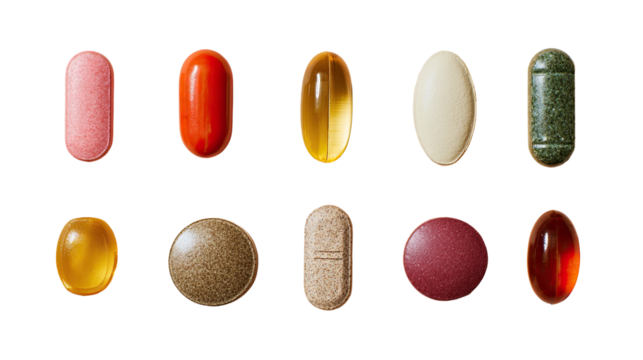 Assorted pills and capsules, various colors and shapes, isolated on black background