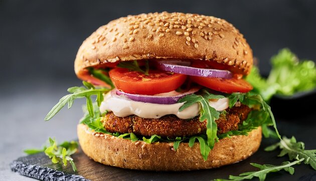plant based vegan burger with arugula tomato slices onion rings creamy sauce and grilled patty in sesame seed bun healthy fast food concept gourmet vegetarian sandwich close up clean eating alt