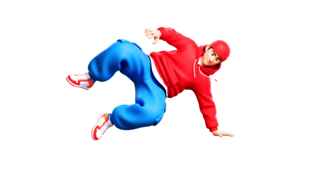 3d cartoon bboy breakdancing energetic spin, dynamic pose, urban dance style, animation ready, isolated on transparent background