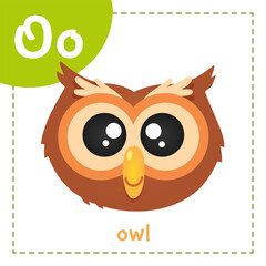 Cartoon English alphabet for children with cute animals. Letter O with owl.