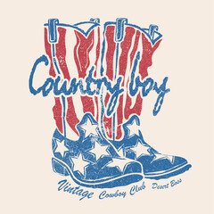 Vintage retro illustration featuring cowboy boots with American flag stars and stripes design, western lifestyle collections, rodeo events, vintage country fashion. perfect for t-shirt design, posters