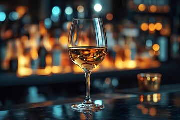 Glass of white wine on dark bar counter with blurred bottles and warm lights in background, creating luxurious atmosphere for restaurant menu or wine list design.