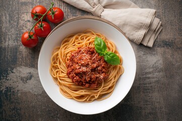 Fototapeta na wymiar Overhead shot of a bowl filled with freshly made spaghetti bolognese on a rustic wooden surface accompanied by a napkin and vine-ripened tomatoes