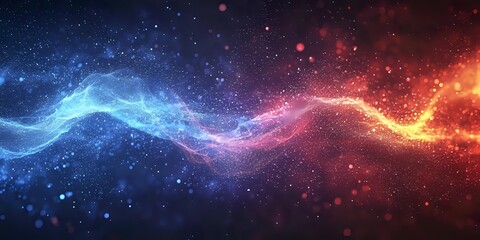 Cosmic energy wave flowing through starry space, featuring vibrant blue and red nebula colors with glowing particles in dark universe background.