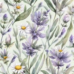 Soft seamless watercolor pattern with lavender, chamomile, and sage in calming pastel tones of purple, white, and dusty green. Perfect for home decor, spa packaging, stationery, and notebooks.