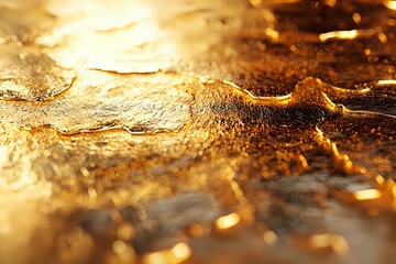 Golden liquid surface with rippling waves and textured patterns creates dramatic light effects and reflections in warm amber tones, macro photography closeup.