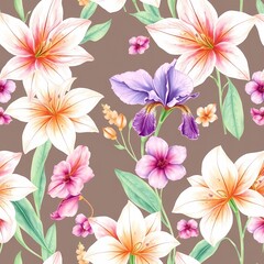 Obraz premium Elegant seamless watercolor pattern with lilies, irises, and orchids in soft lilac, peach, and mint tones. Perfect for wedding stationery, fabrics, luxury decor, wallpapers, and branding design.