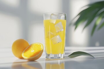 Fototapeta premium A tall glass of refreshing orange juice, garnished with ice cubes, sits beside halved oranges on a white surface, illuminated by natural light.