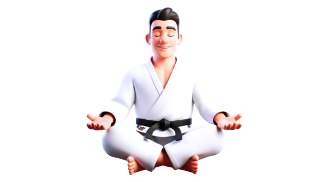 3d cartoon karate master inner peace, black belt, meditation pose, spiritual strength, focused zen, isolated on transparent background - Powered by Adobe