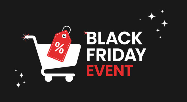Promotional graphic highlighting Black Friday sales event with shopping cart and discount tag - Powered by Adobe