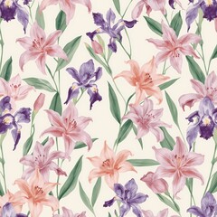 Obraz premium Elegant seamless watercolor pattern with lilies, irises, and orchids in soft lilac, peach, and mint tones. Perfect for wedding stationery, fabrics, luxury decor, wallpapers, and branding design.