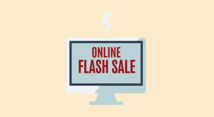 Digital online flash sale announcement with computer monitor and lightning icon emphasizing