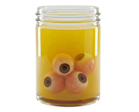 Jar with yellow liquid and floating eyeballs isolated on white background